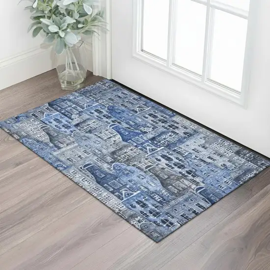 Blue Gray And Ivory Abstract Geometric Washable Area Rug With UV Protection Photo 1