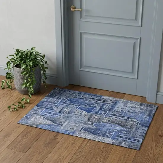 Blue Gray And Ivory Abstract Geometric Washable Area Rug With UV Protection Photo 1