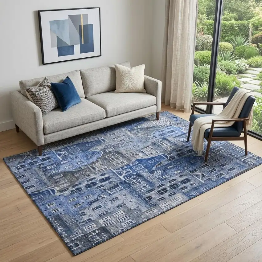 Blue Gray And Ivory Abstract Geometric Washable Area Rug With UV Protection Photo 1