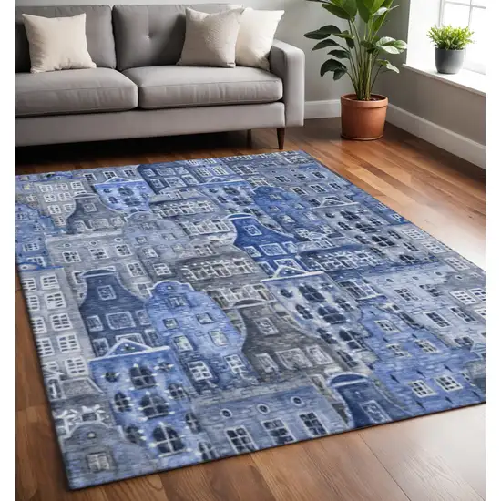 Blue Gray And Ivory Abstract Geometric Washable Area Rug With UV Protection Photo 2