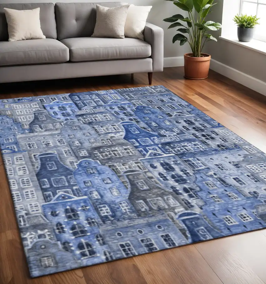 Blue Gray And Ivory Abstract Geometric Washable Area Rug With UV Protection Photo 2
