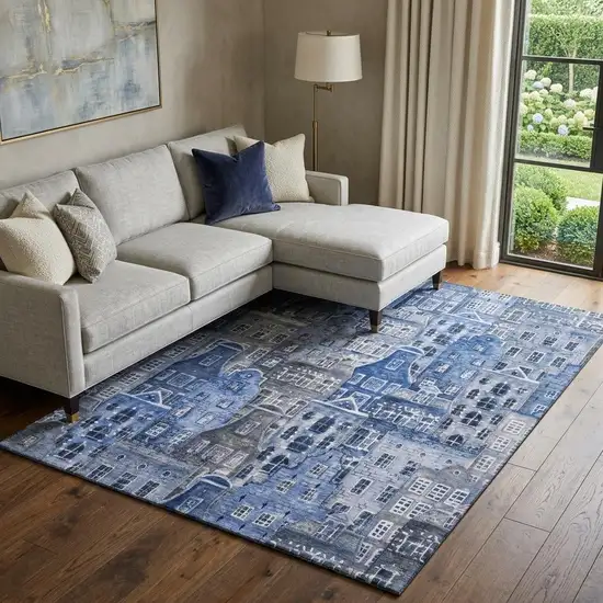 Blue Gray And Ivory Abstract Geometric Washable Area Rug With UV Protection Photo 1