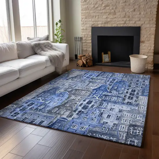 Blue Gray And Ivory Abstract Geometric Washable Area Rug With UV Protection Photo 5