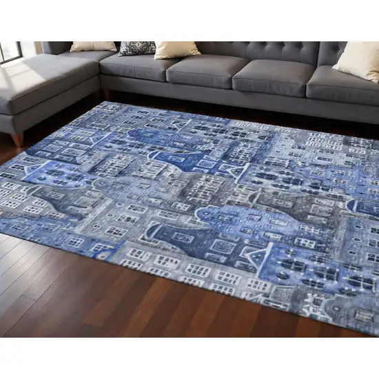 Blue Gray And Ivory Abstract Geometric Washable Area Rug With UV Protection Photo 2