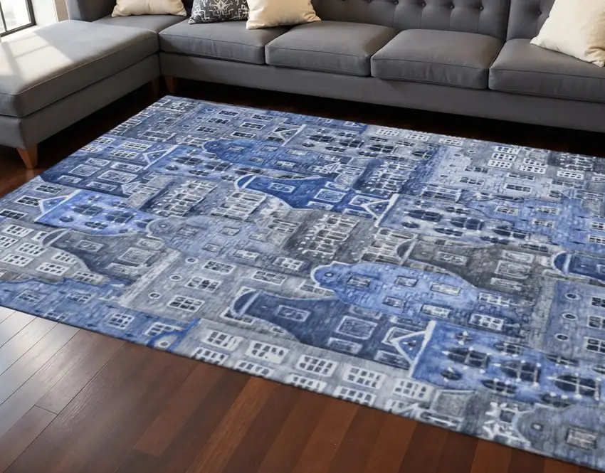 Blue Gray And Ivory Abstract Geometric Washable Area Rug With UV Protection Photo 2