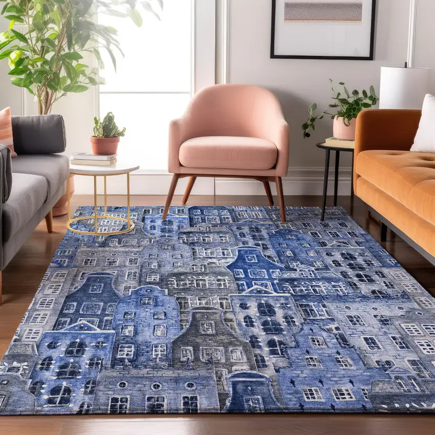 Blue Gray And Ivory Abstract Geometric Washable Area Rug With UV Protection Photo 4
