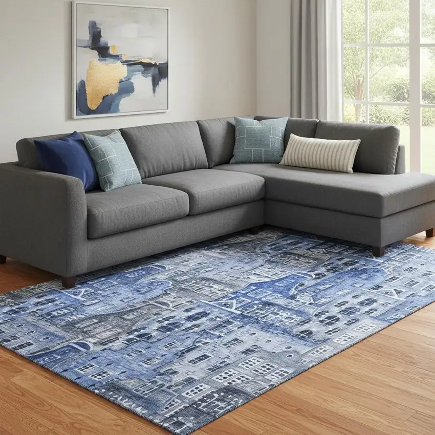 Blue Gray And Ivory Abstract Geometric Washable Area Rug With UV Protection Photo 1