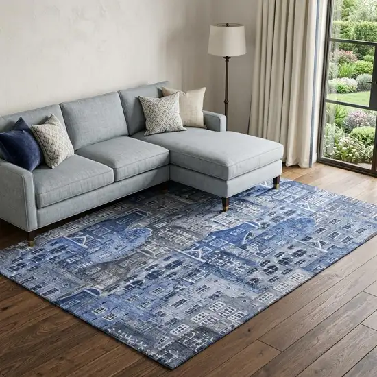 Blue Gray And Ivory Abstract Geometric Washable Area Rug With UV Protection Photo 1