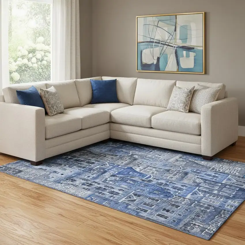 Blue Gray And Ivory Abstract Geometric Washable Area Rug With UV Protection Photo 2
