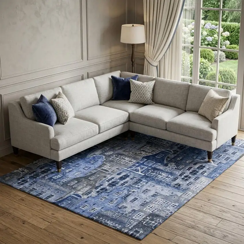 Blue Gray And Ivory Abstract Geometric Washable Area Rug With UV Protection Photo 1