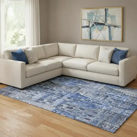 Blue Gray And Ivory Abstract Geometric Washable Area Rug With UV Protection Photo 1