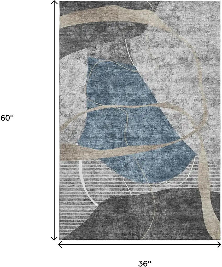 Blue Gray And Ivory Abstract Geometric Washable Area Rug With UV Protection Photo 3