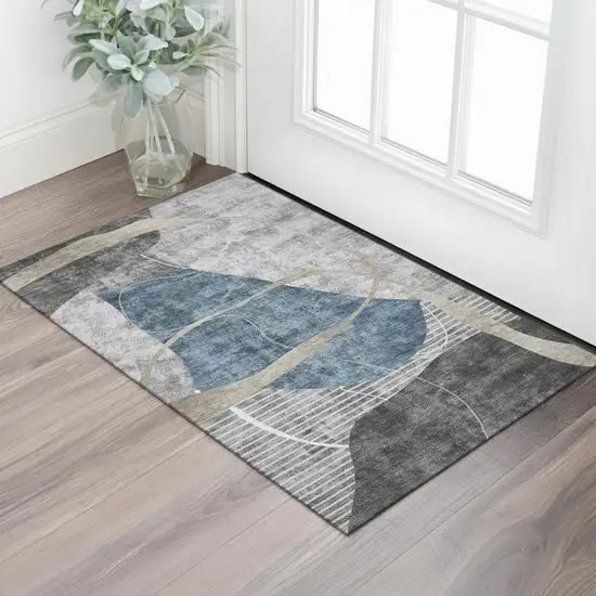 Blue Gray And Ivory Abstract Geometric Washable Area Rug With UV Protection Photo 1