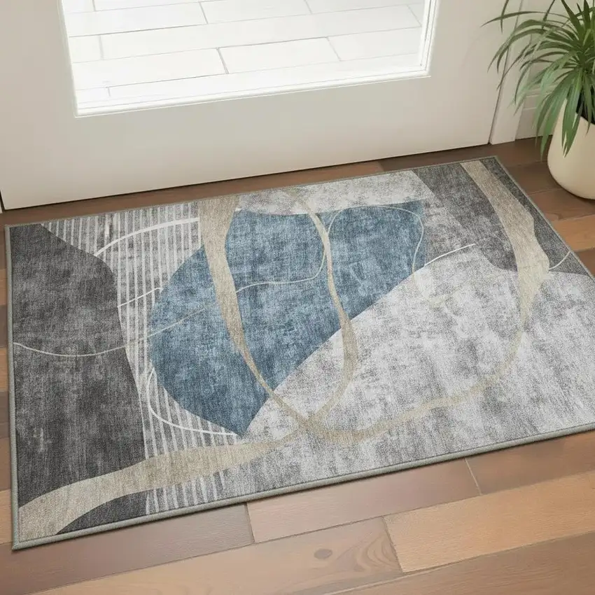 Blue Gray And Ivory Abstract Geometric Washable Area Rug With UV Protection Photo 2