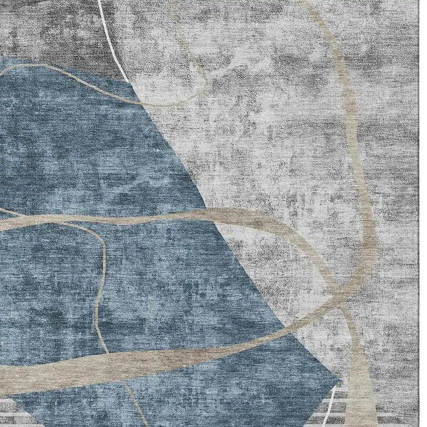 Blue Gray And Ivory Abstract Geometric Washable Area Rug With UV Protection Photo 3