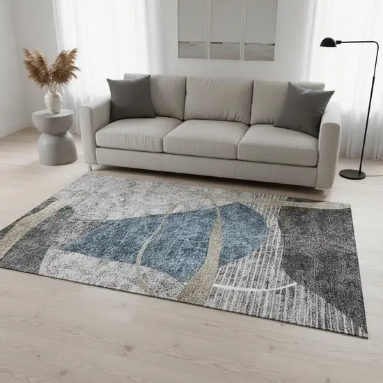 Blue Gray And Ivory Abstract Geometric Washable Area Rug With UV Protection Photo 2