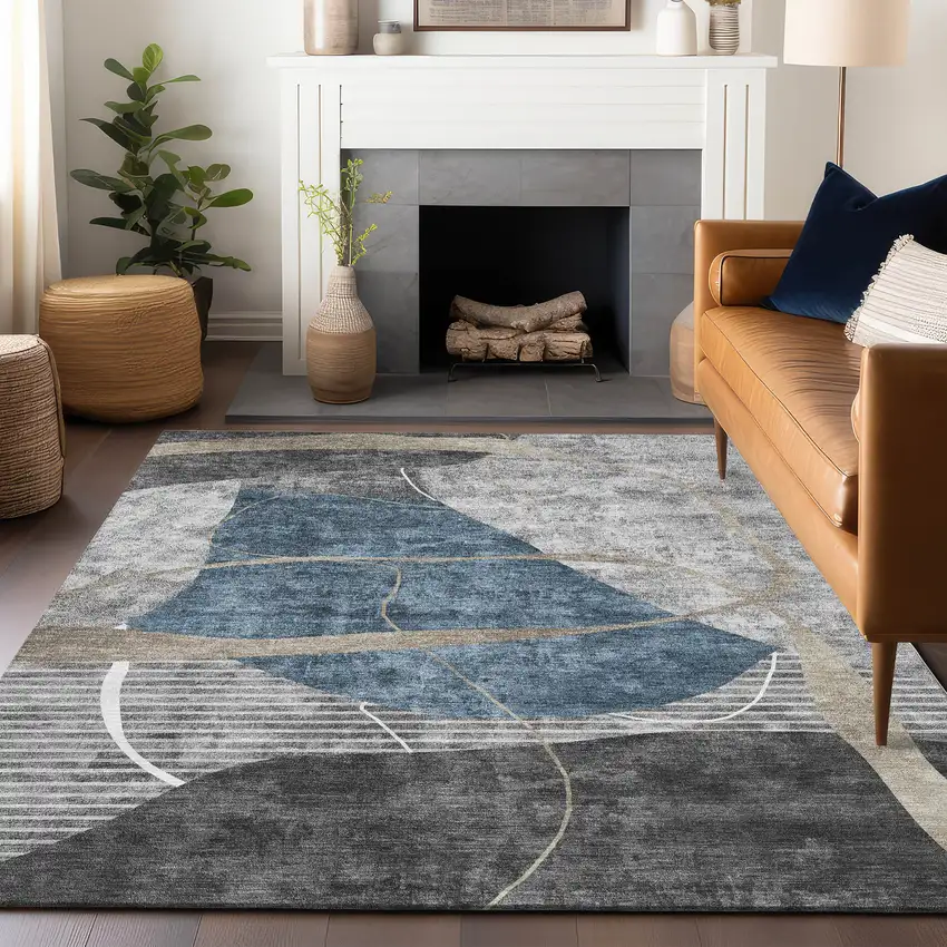 Blue Gray And Ivory Abstract Geometric Washable Area Rug With UV Protection Photo 6