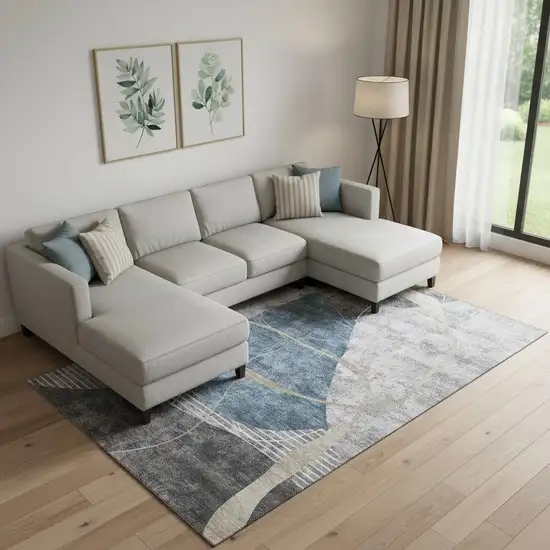 Blue Gray And Ivory Abstract Geometric Washable Area Rug With UV Protection Photo 1