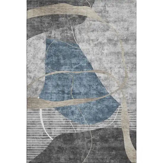 Blue Gray And Ivory Abstract Geometric Washable Area Rug With UV Protection Photo 1