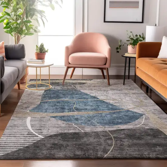 Blue Gray And Ivory Abstract Geometric Washable Area Rug With UV Protection Photo 5