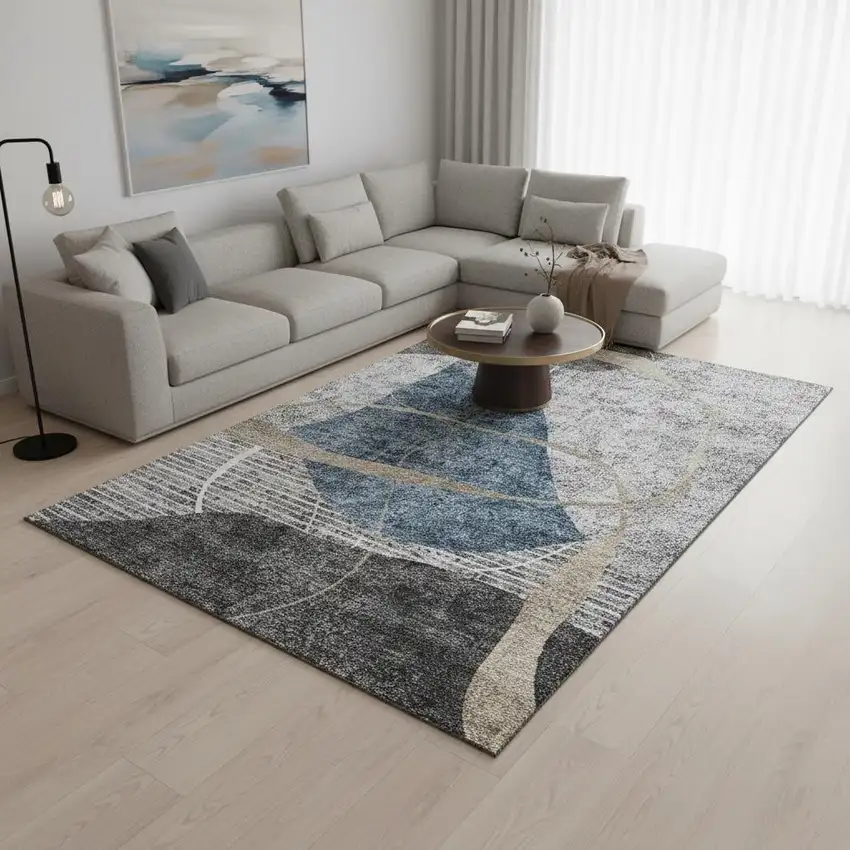 Blue Gray And Ivory Abstract Geometric Washable Area Rug With UV Protection Photo 2