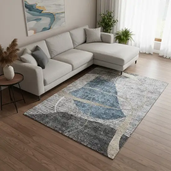 Blue Gray And Ivory Abstract Geometric Washable Area Rug With UV Protection Photo 2