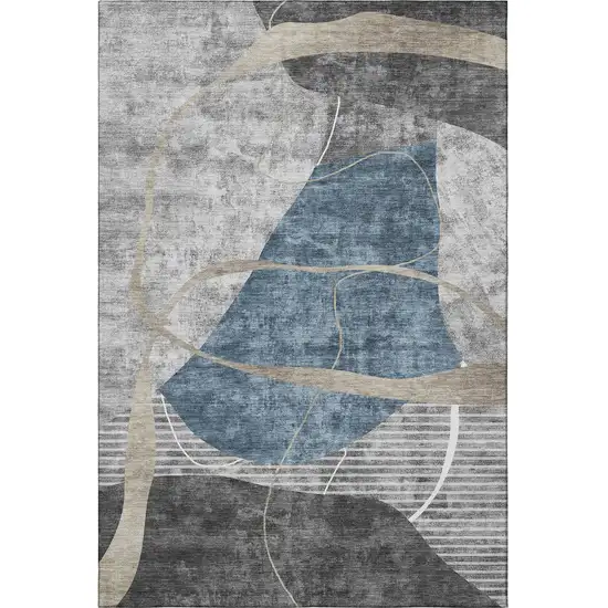 Blue Gray And Ivory Abstract Geometric Washable Area Rug With UV Protection Photo 4