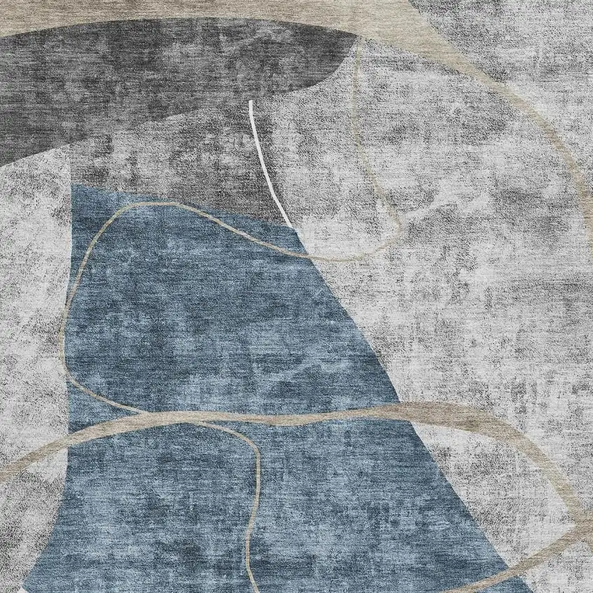 Blue Gray And Ivory Abstract Geometric Washable Area Rug With UV Protection Photo 3