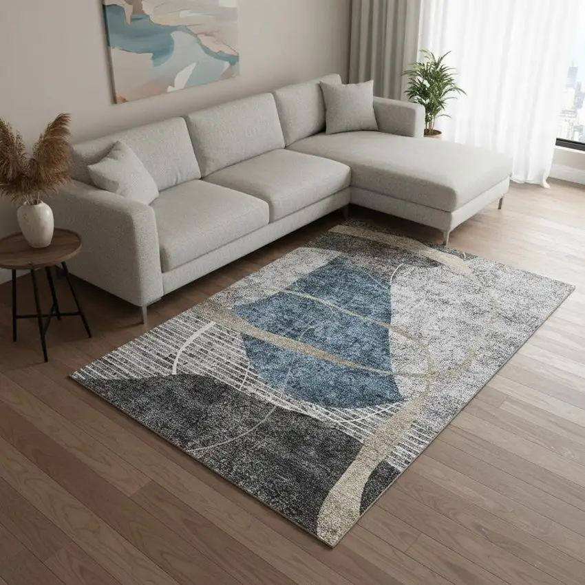 Blue Gray And Ivory Abstract Geometric Washable Area Rug With UV Protection Photo 2