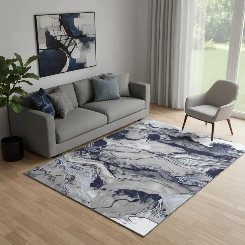 Blue Gray And Ivory Abstract Power Loom Stain Resistant Area Rug Photo 1