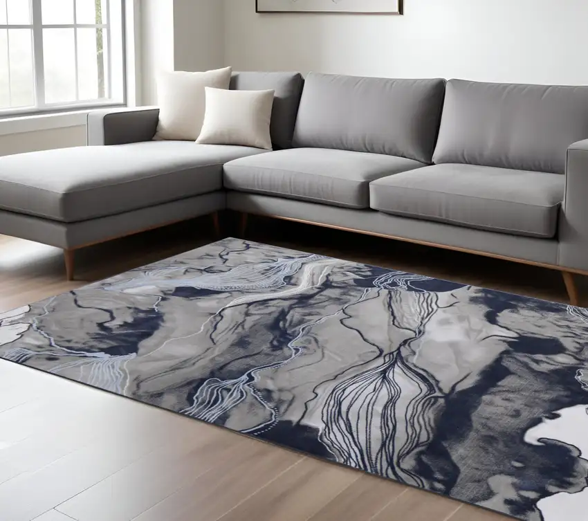 Blue Gray and Ivory Abstract Power Loom Non Skid Area Rug Photo 1