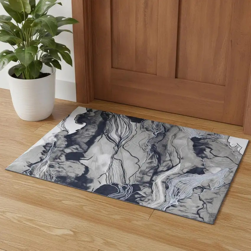 Blue Gray And Ivory Abstract Power Loom Stain Resistant Area Rug Photo 1