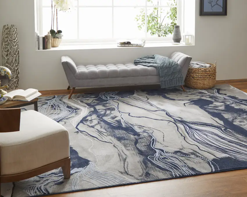 Blue Gray And Ivory Abstract Power Loom Stain Resistant Area Rug Photo 6