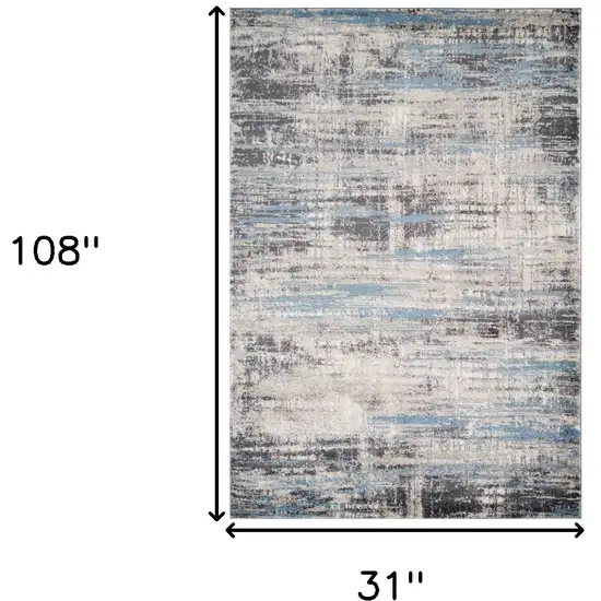 Blue Gray And Ivory Abstract Runner Rug Photo 9
