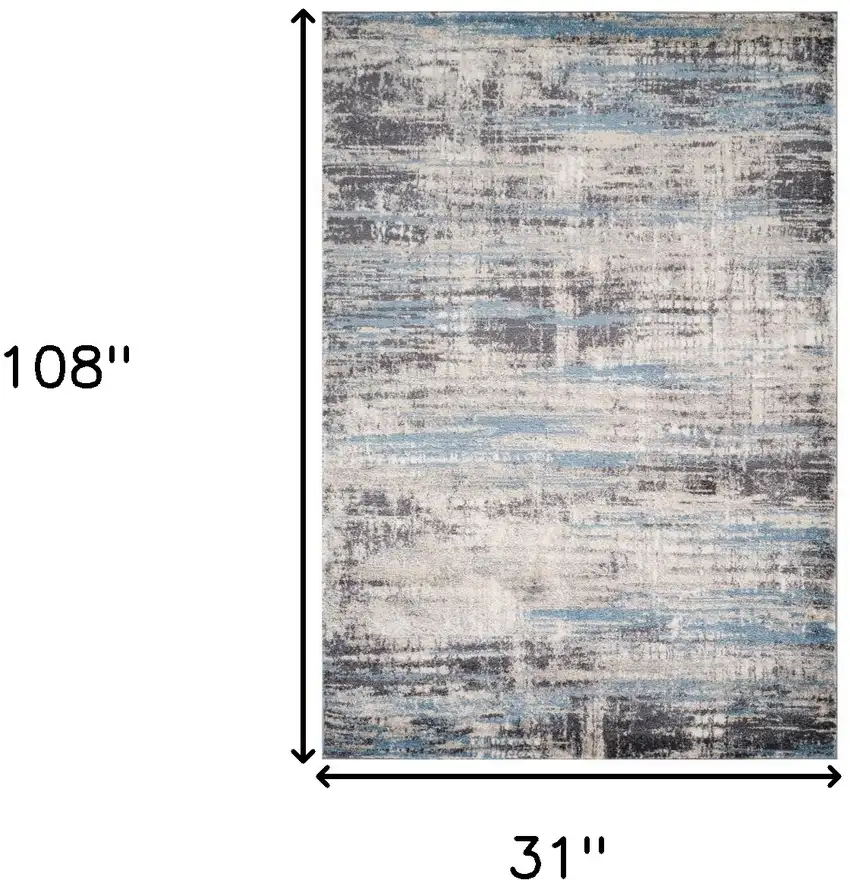 Blue Gray And Ivory Abstract Runner Rug Photo 9