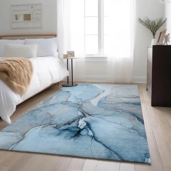 Blue Gray And Ivory Abstract Washable Area Rug With UV Protection Photo 5
