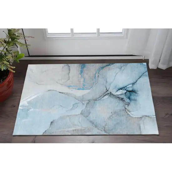 Blue Gray And Ivory Abstract Washable Area Rug With UV Protection Photo 2