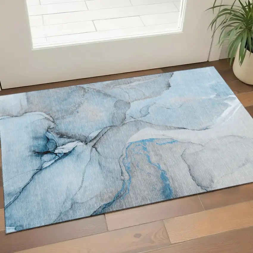 Blue Gray And Ivory Abstract Washable Area Rug With UV Protection Photo 1