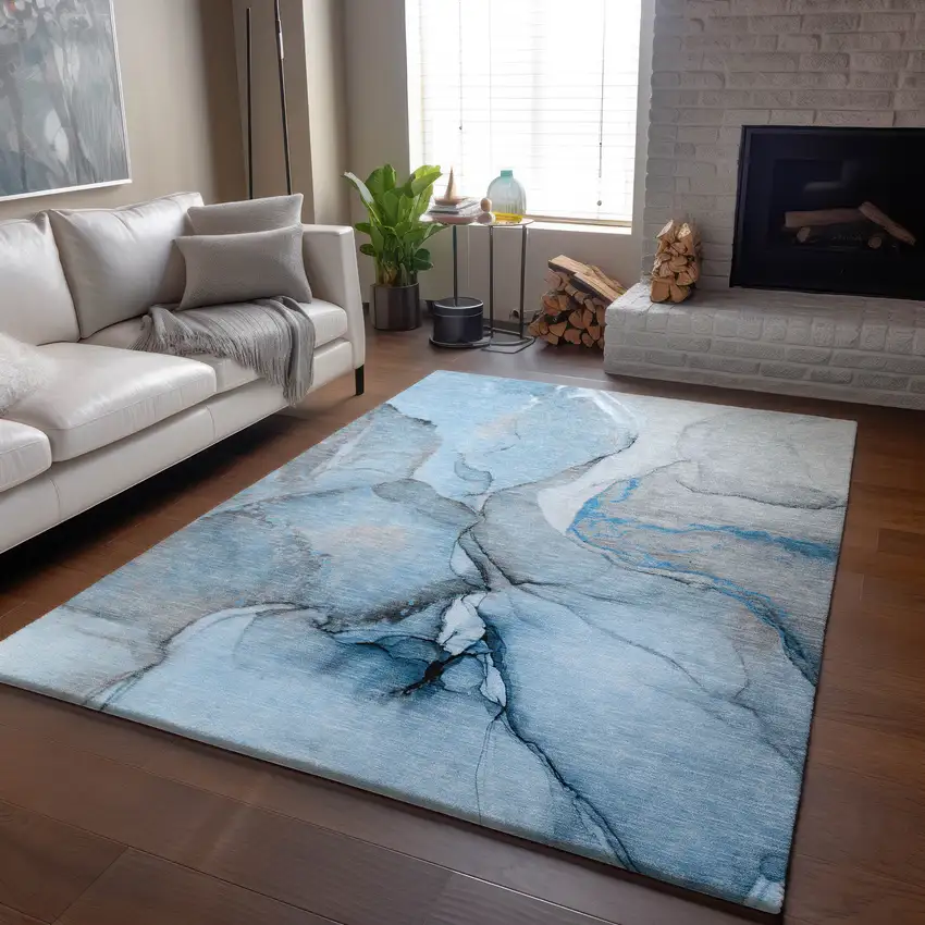 Blue Gray And Ivory Abstract Washable Area Rug With UV Protection Photo 6