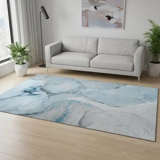 Blue Gray And Ivory Abstract Washable Area Rug With UV Protection Photo 1