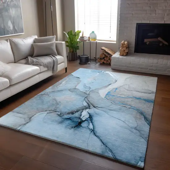 Blue Gray And Ivory Abstract Washable Area Rug With UV Protection Photo 6