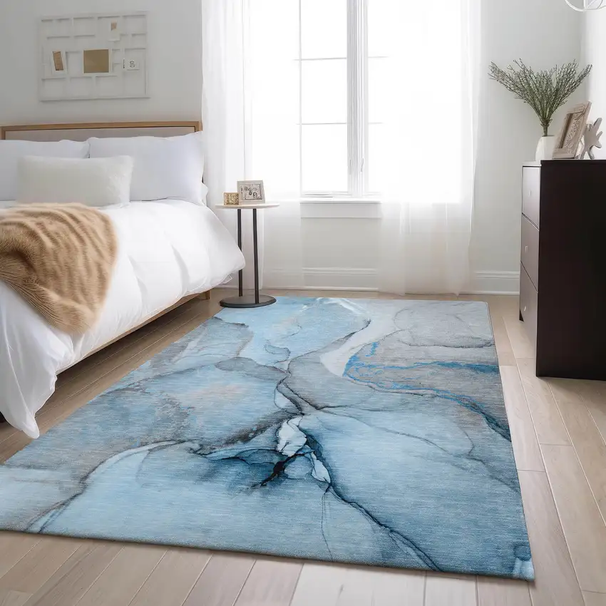Blue Gray And Ivory Abstract Washable Area Rug With UV Protection Photo 5