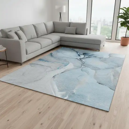 Blue Gray And Ivory Abstract Washable Area Rug With UV Protection Photo 1