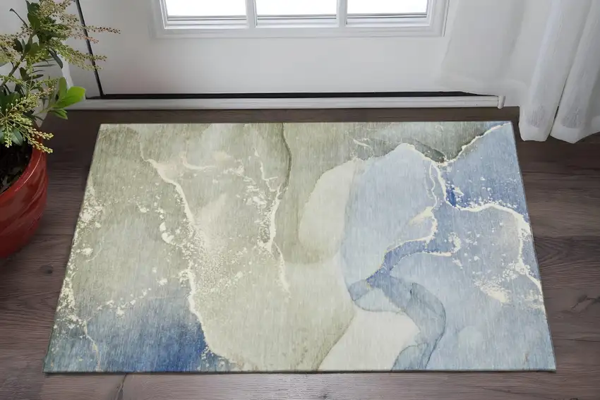 Blue Gray And Ivory Abstract Washable Area Rug With UV Protection Photo 2