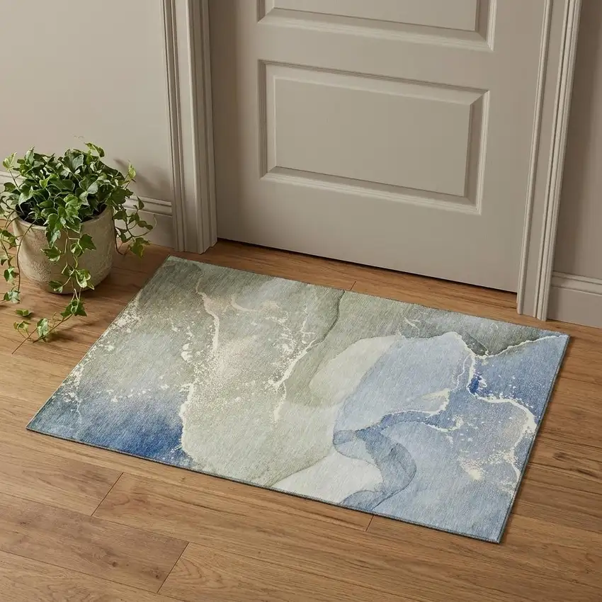 Blue Gray And Ivory Abstract Washable Area Rug With UV Protection Photo 1