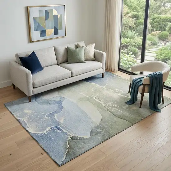Blue Gray And Ivory Abstract Washable Area Rug With UV Protection Photo 1