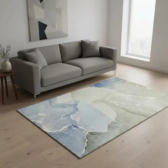 Blue Gray And Ivory Abstract Washable Area Rug With UV Protection Photo 1