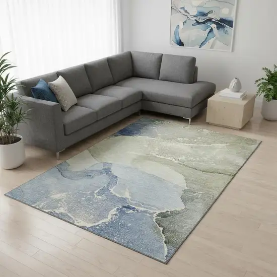 Blue Gray And Ivory Abstract Washable Area Rug With UV Protection Photo 2