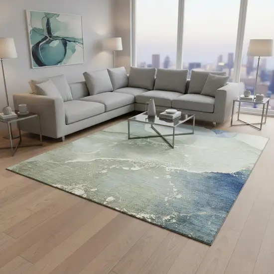 Blue Gray And Ivory Abstract Washable Area Rug With UV Protection Photo 2