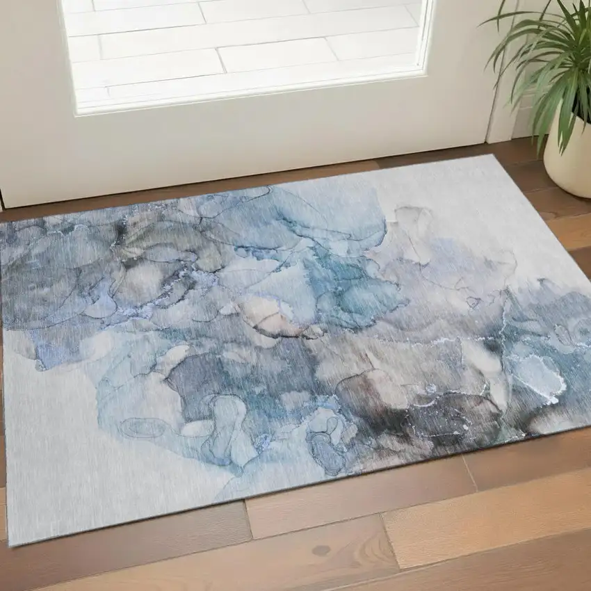 Blue Gray And Ivory Abstract Washable Area Rug With UV Protection Photo 1